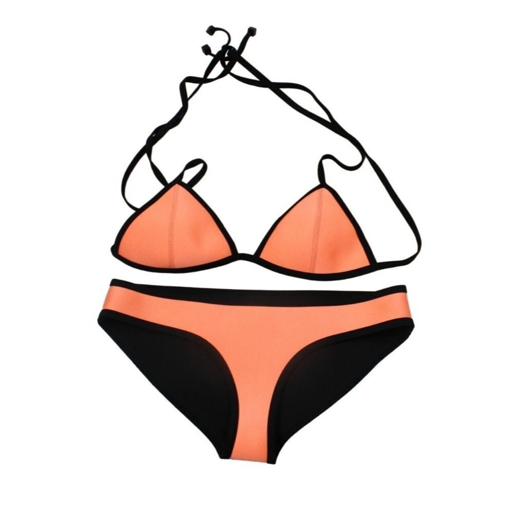 Triangle Swimsuit Women's S Black Orange Solid Basic Neoprene Bikini Set Summer